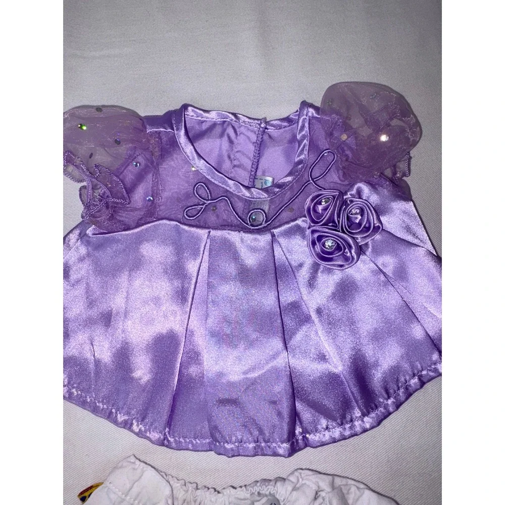 Build A Bear Purple Satin tunic Dress top Sparkle & White‎ Embellished Shorts